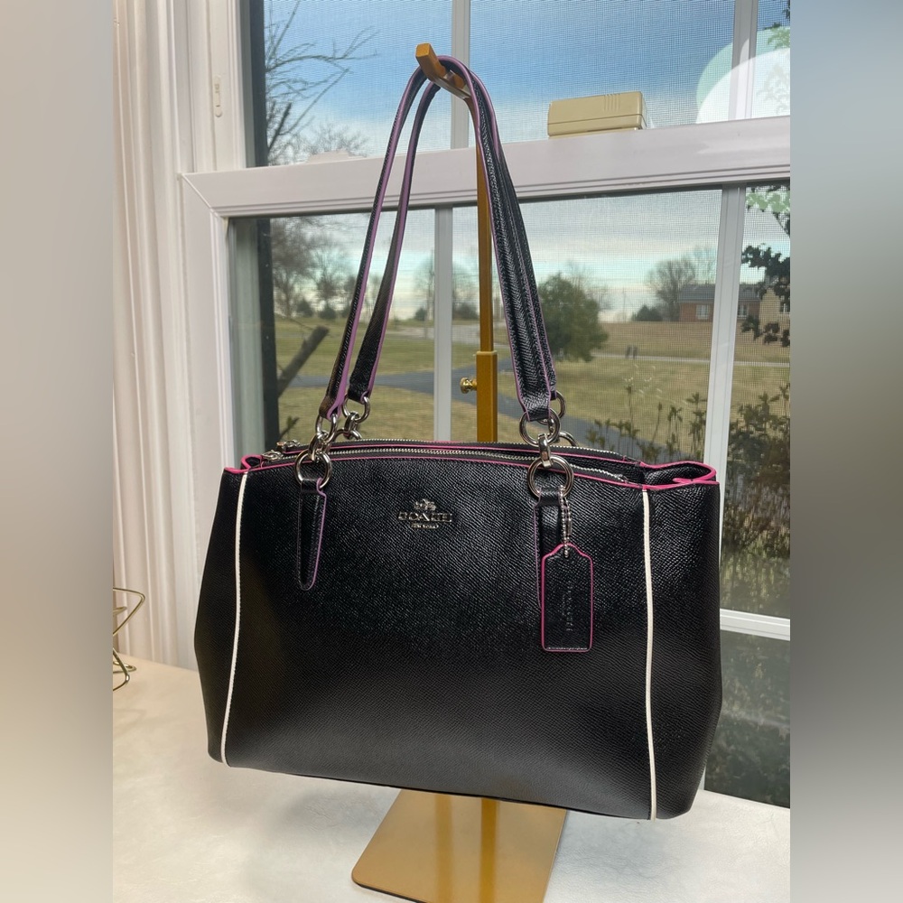 Coach Christie Carryall Black Crossgrain Leather with Pink/Magenta Piping NWOT - Picture 4 of 17